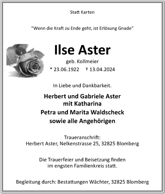 Traueranzeige Ilse Aster