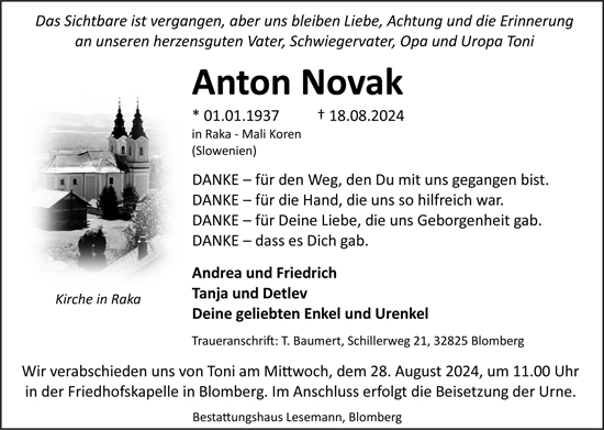 Traueranzeige Anton Novak