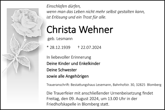 Traueranzeige Christa Wehner