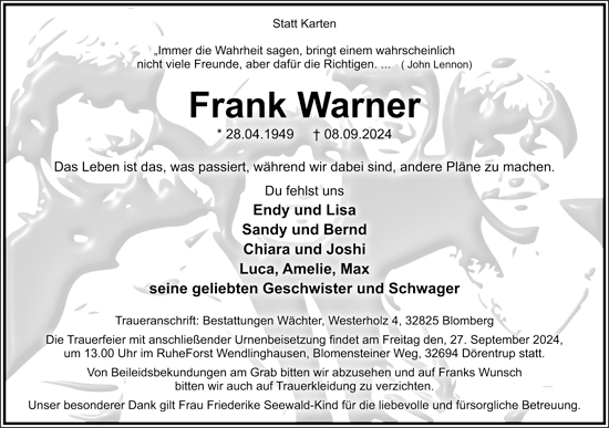 Traueranzeige Frank Warner