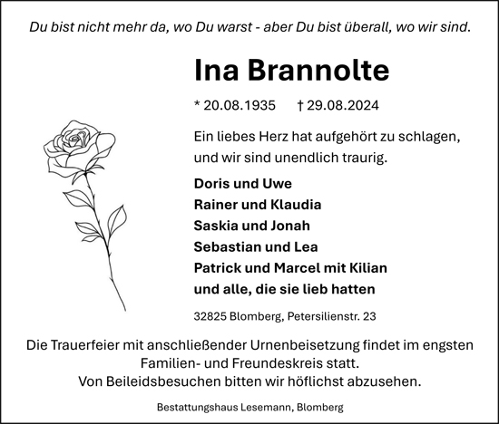 Traueranzeige Ina Brannolte