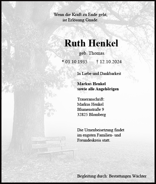 Traueranzeige Ruth Henkel