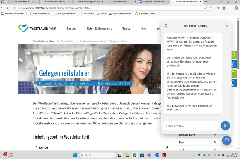 Service-Chat NRW geht auf westfalentarif.de live