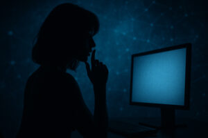 Silhouette einer Frau vor Computerbildschirm als Symbol für digitale Diskretion